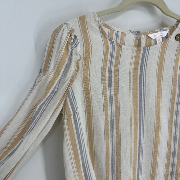 3/$25 Lauren Conrad Striped Blouse Top XS Linen Blend Ruffle‎ Trim 3/4 Sleeves - Picture 3 of 7